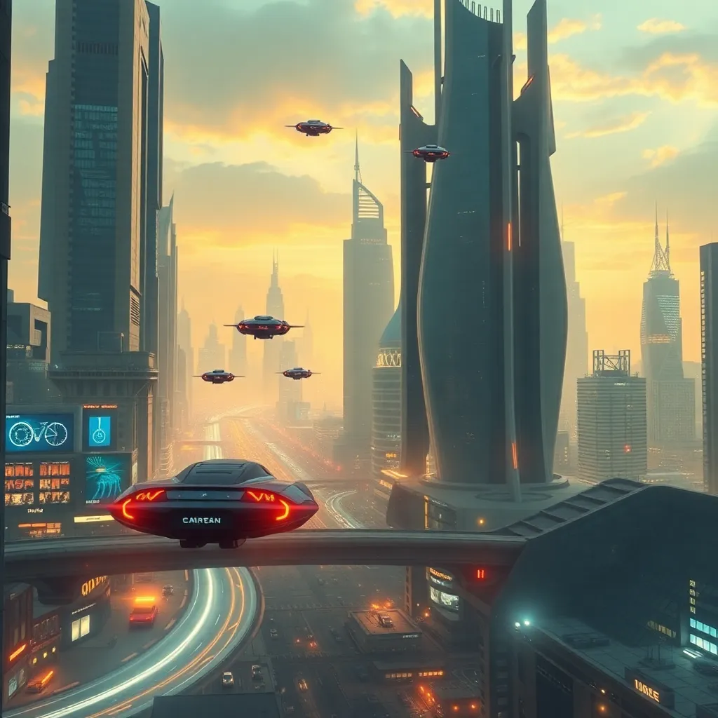 A futuristic cityscape with advanced technology and flying cars