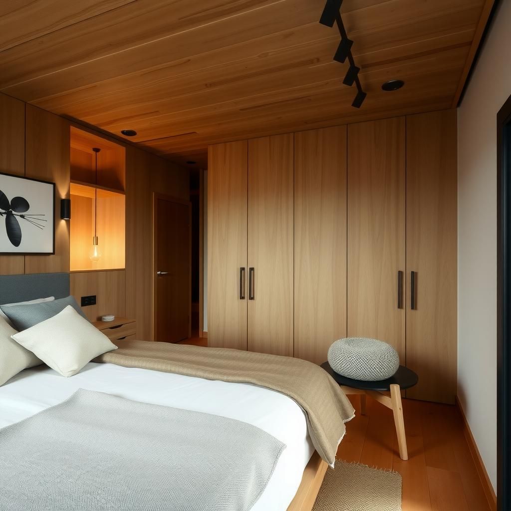 Interior design of a bedroom with wooden elements and a cozy bed