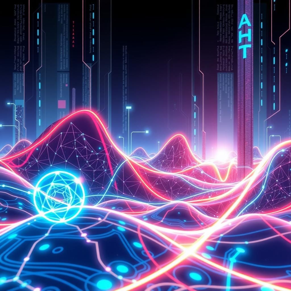 A futuristic digital landscape representing AI and cybersecurity