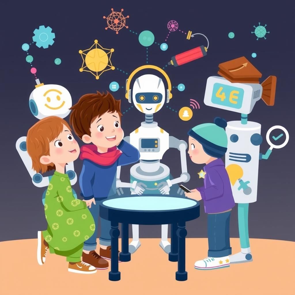 Illustration of kids interacting with AI concepts like robots, neural networks, and machine learning