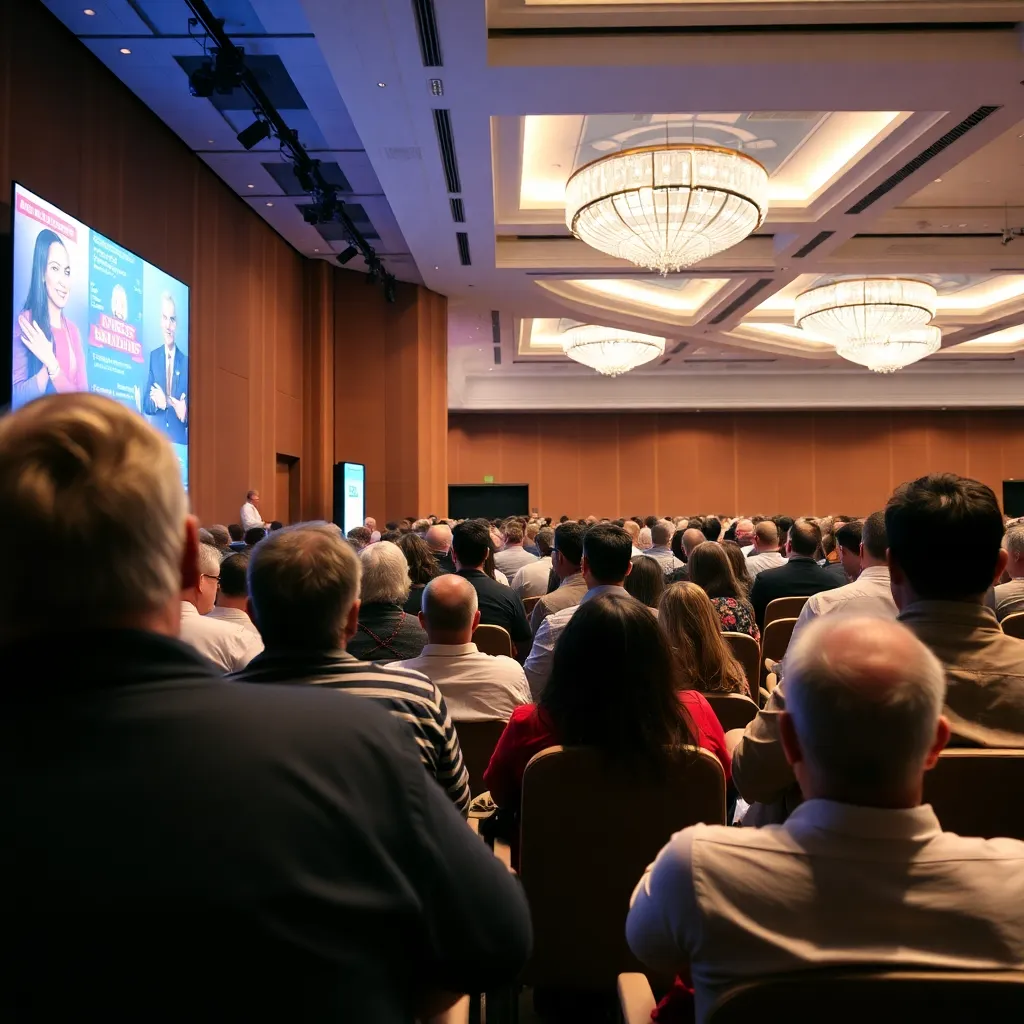 Conference hall filled with attendees listening to a speaker on stage