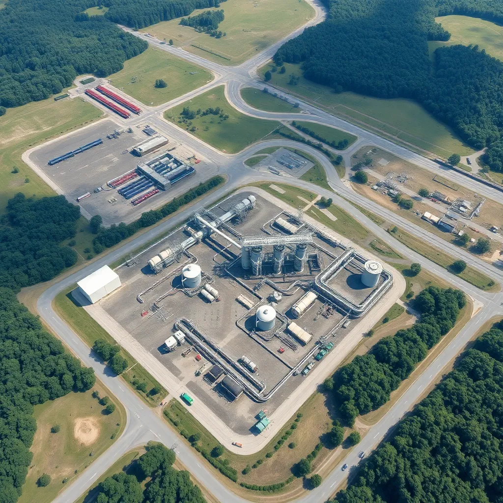 An aerial view of a large gas distribution facility surrounded by greenery