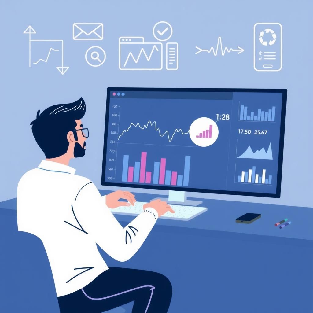 Illustration of a person building a machine learning model using a graphical interface, with various data points and charts displayed on a screen
