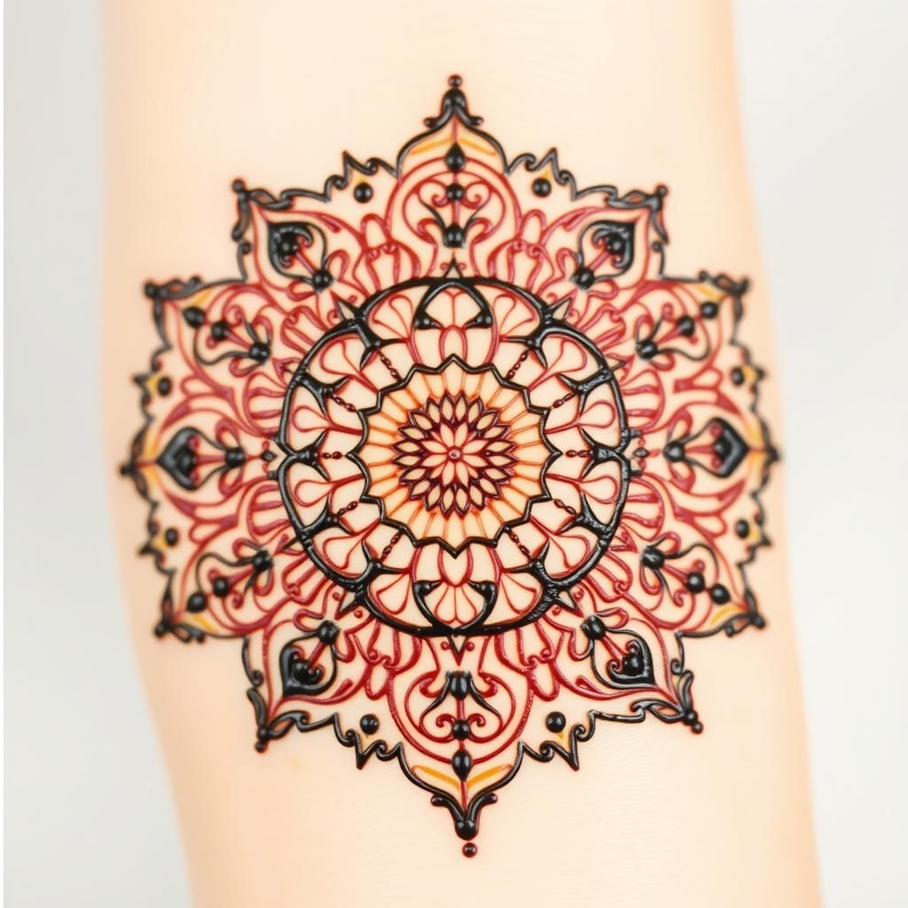 Intricate mehndi pattern with geometric shapes and symmetrical designs