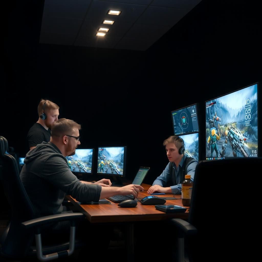 Team of developers working together in a dimly lit room with computer screens displaying game graphics