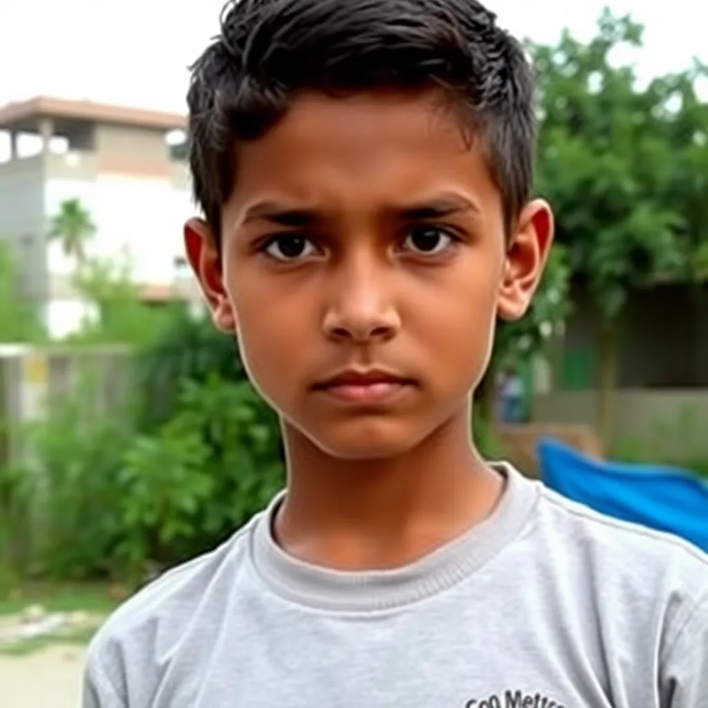 A young person with a serious expression, wearing a light gray shirt with a logo on the chest, standing outdoors with greenery and some structures in the background.