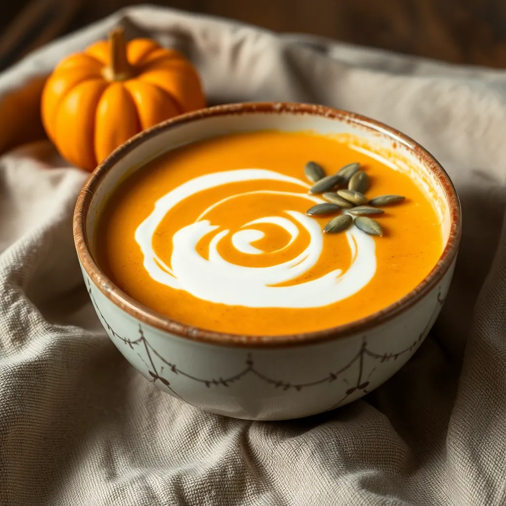 A bowl of pumpkin soup with a swirl of cream and pumpkin seeds