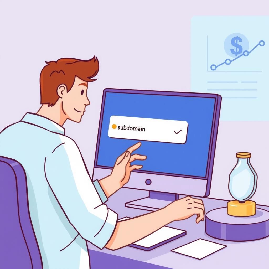 Illustration of a person using a computer to register a subdomain