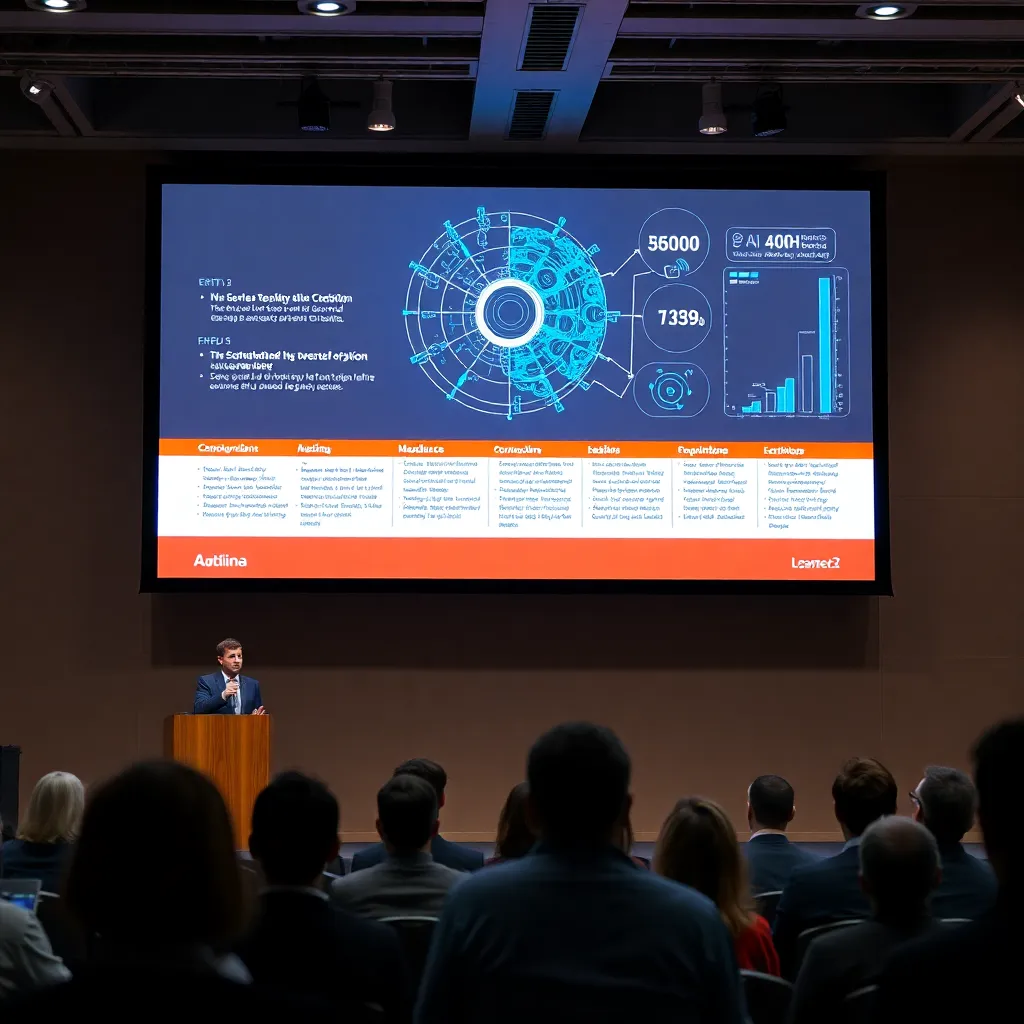 A speaker presenting AI research on a large screen in front of an audience