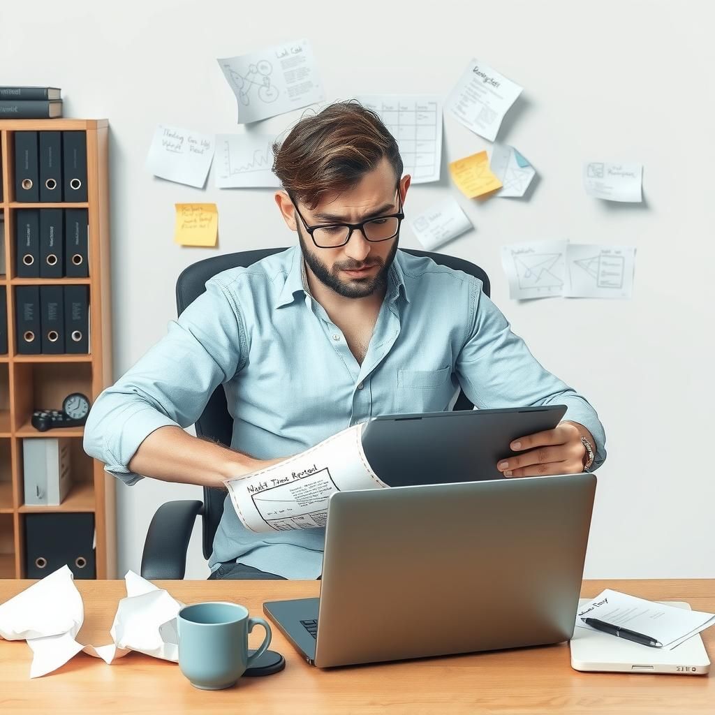 A frustrated developer sitting at a desk with a laptop, surrounded by crumpled papers and brainstorming notes
