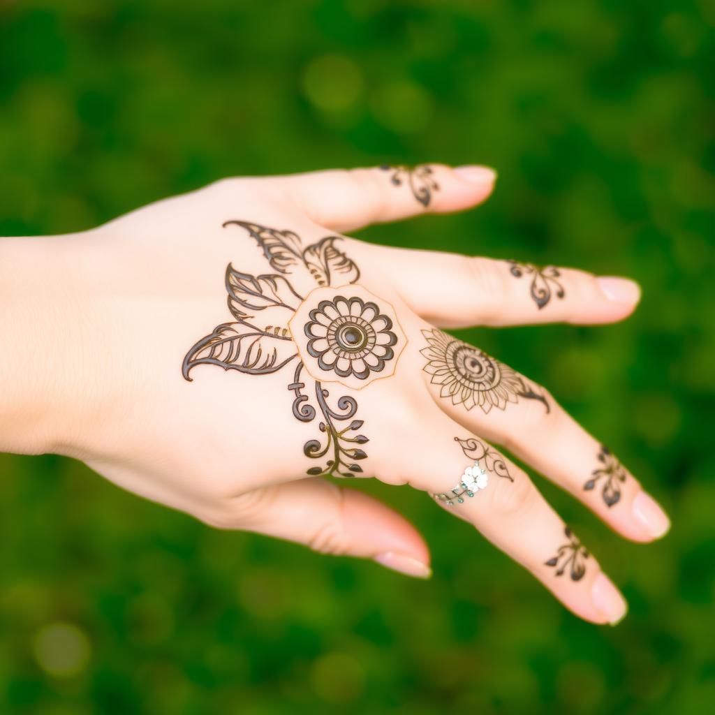 Intricate mehndi design on a hand with floral patterns