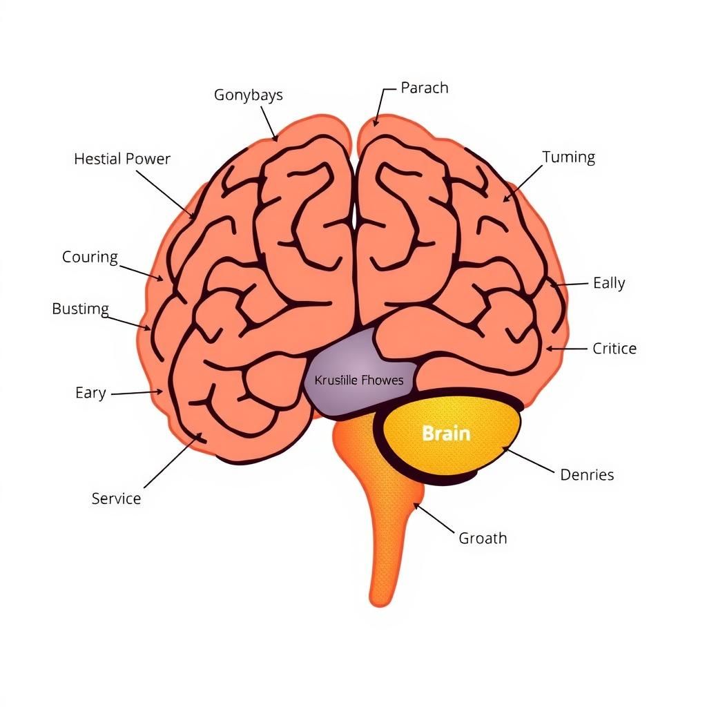 Illustration of a brain with various cognitive functions highlighted
