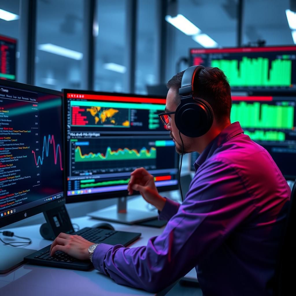 A cybersecurity expert analyzing threat data on multiple screens