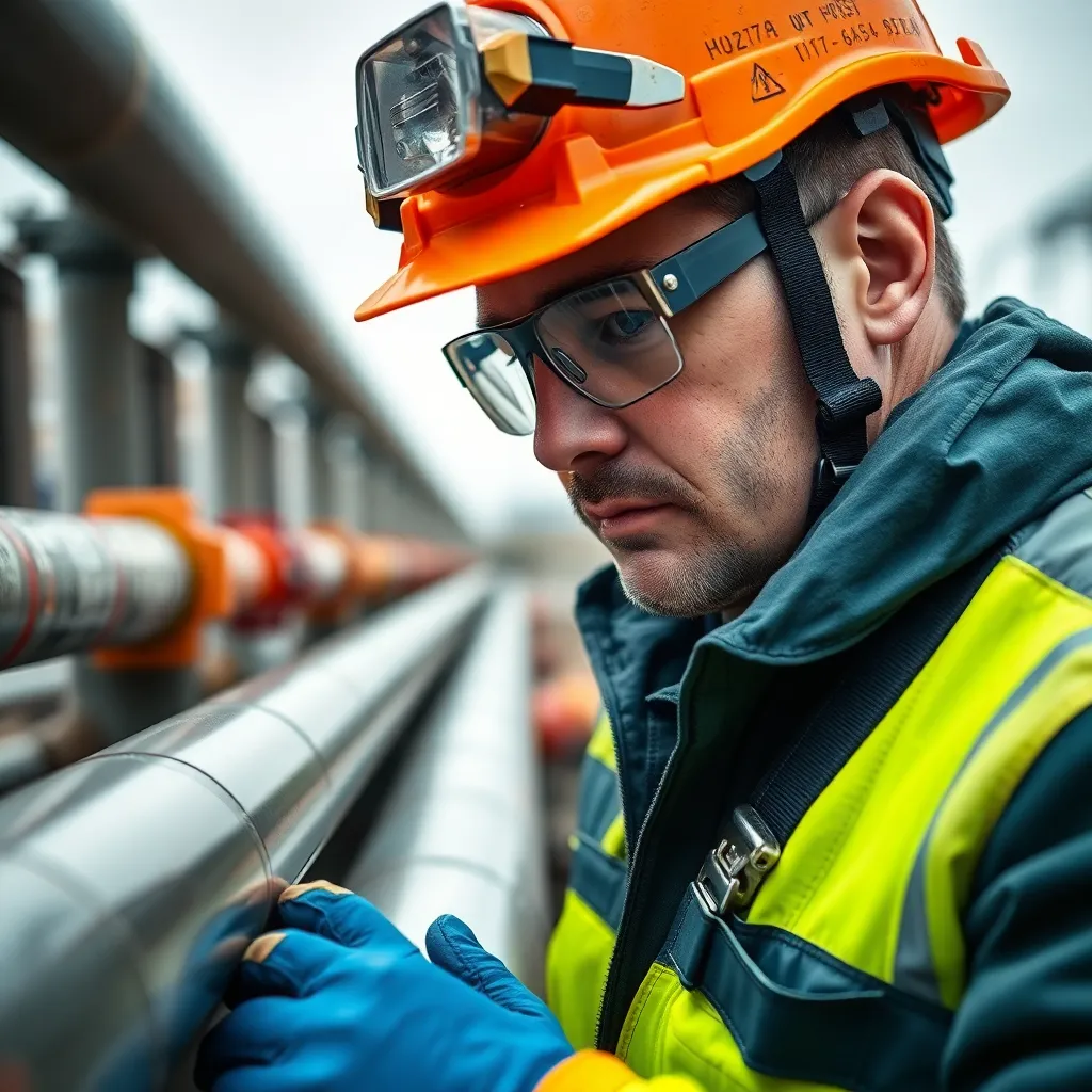A close-up of a worker in safety gear inspecting a gas pipeline