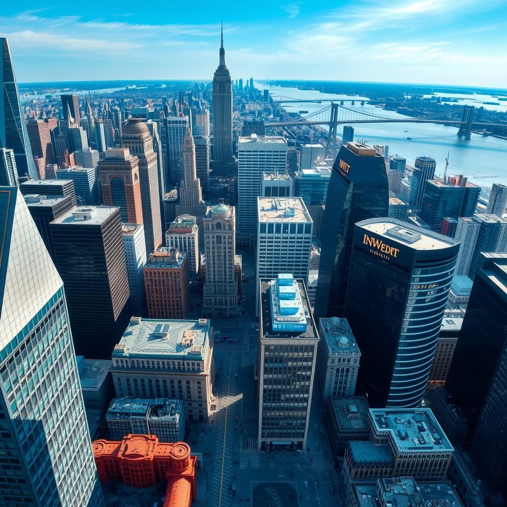 Aerial view of a bustling cityscape with skyscrapers and busy streets