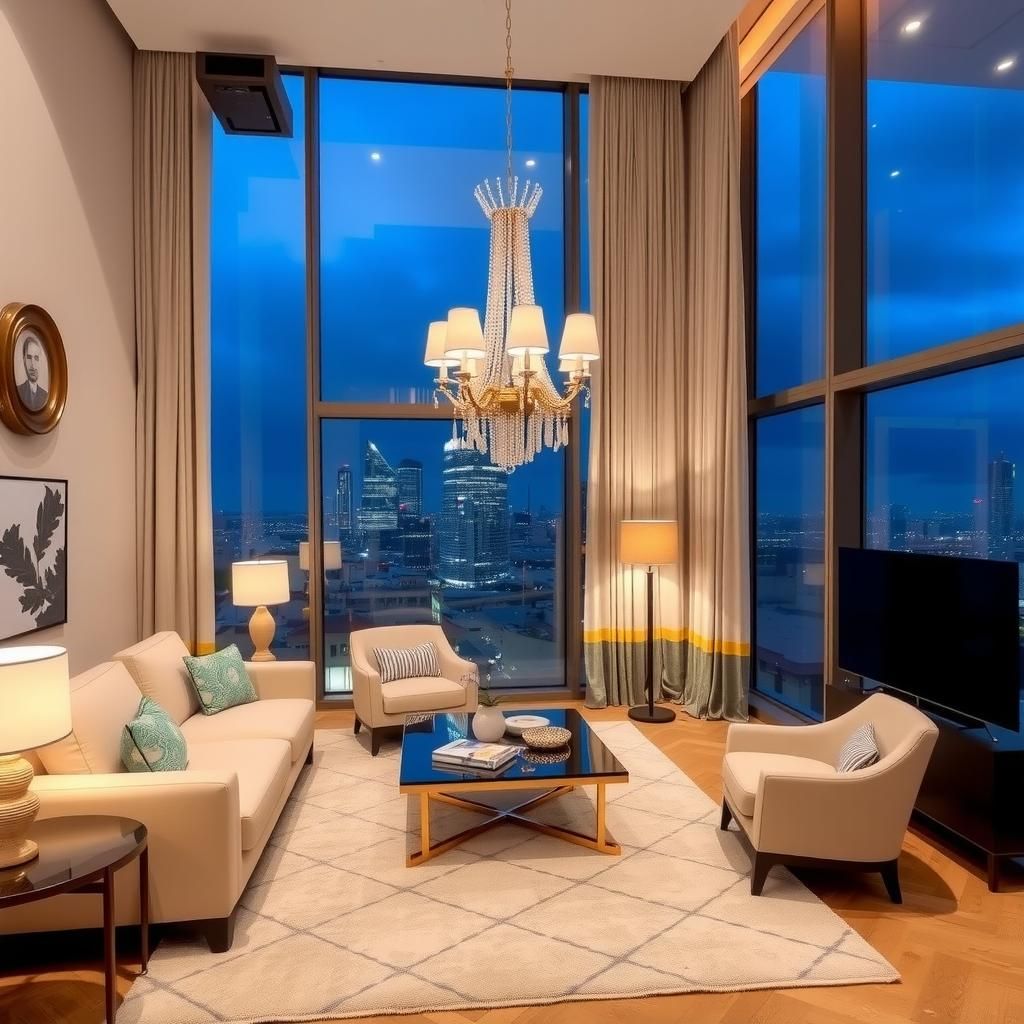 Deluxe apartment with chandelier and city view