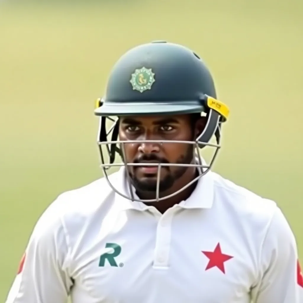 Portrait of Mehidy Hasan Miraz, Bangladesh spinner, wearing cricket whites and helmet, focused expression