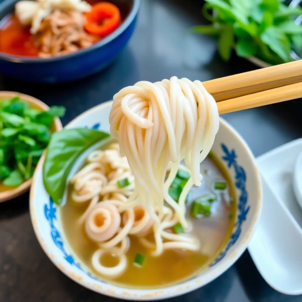 Bowl of Mie Kuah Cumi with squid broth and noodles