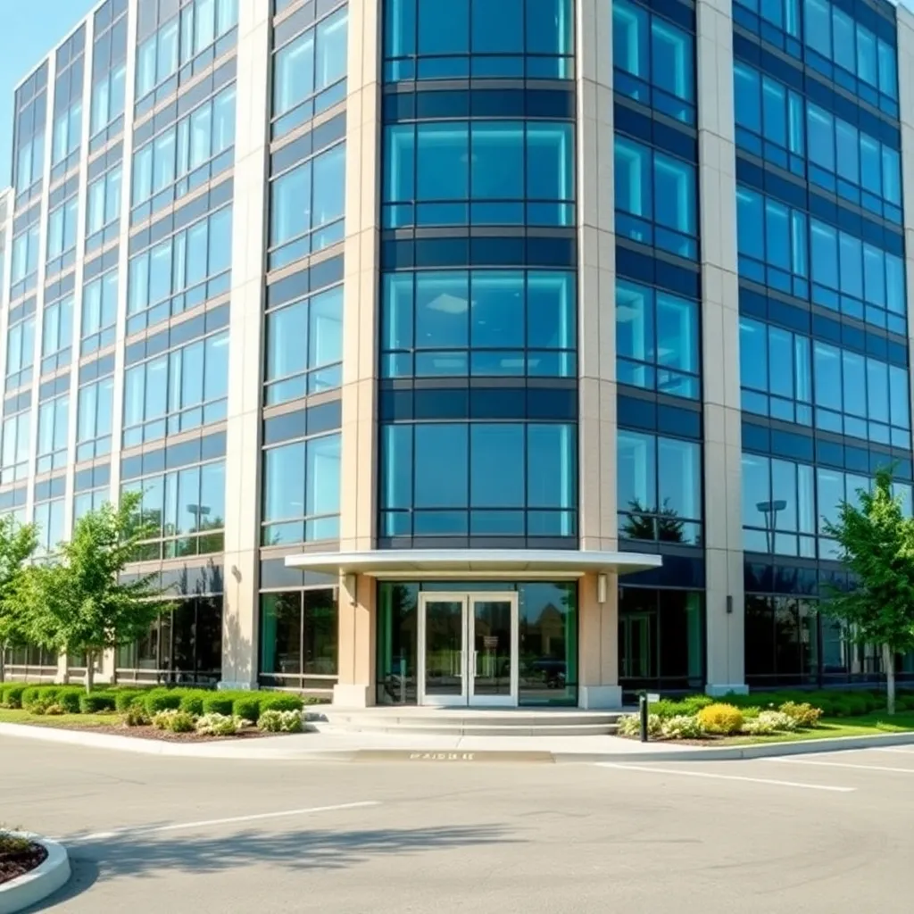 Large commercial office building with glass windows and landscaped surroundings