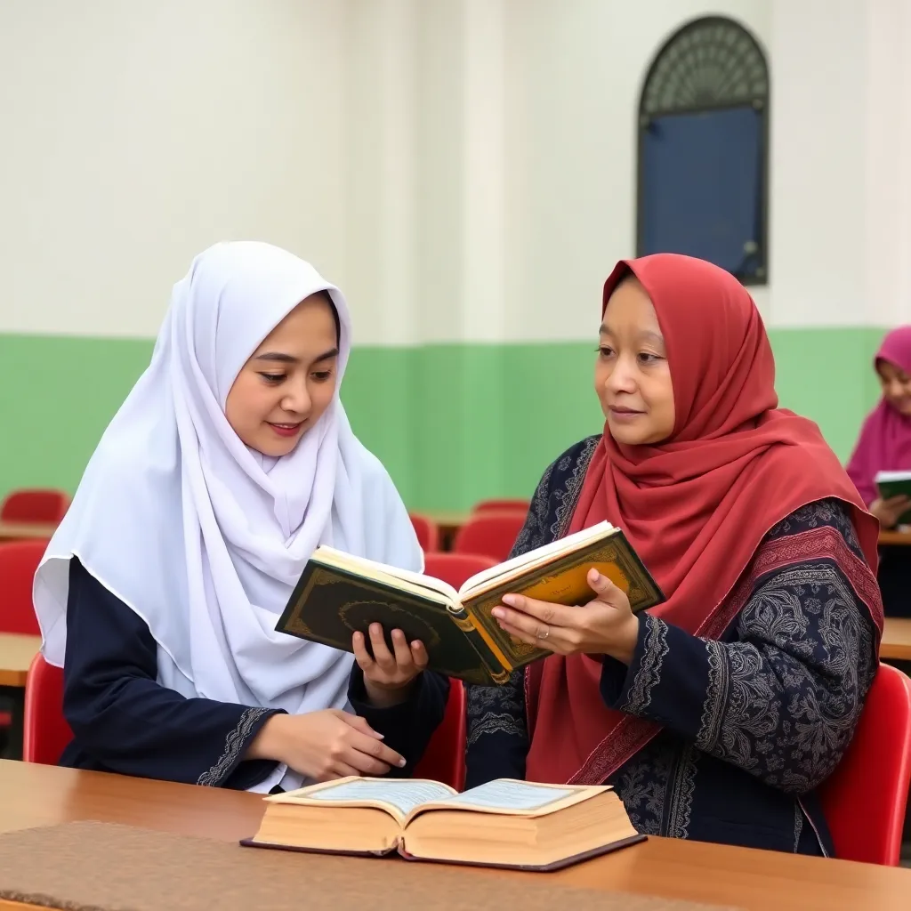 Seorang anak muslimah mengenakan hijab sedang belajar membaca Al-Qur'an dengan guru di ruang kelas bercahaya alami dan dekorasi Islami