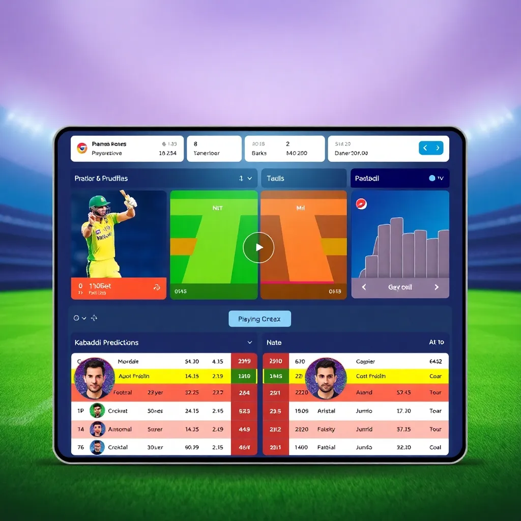 A vibrant digital interface showing live cricket, football, and kabaddi match predictions with dynamic charts and player avatars