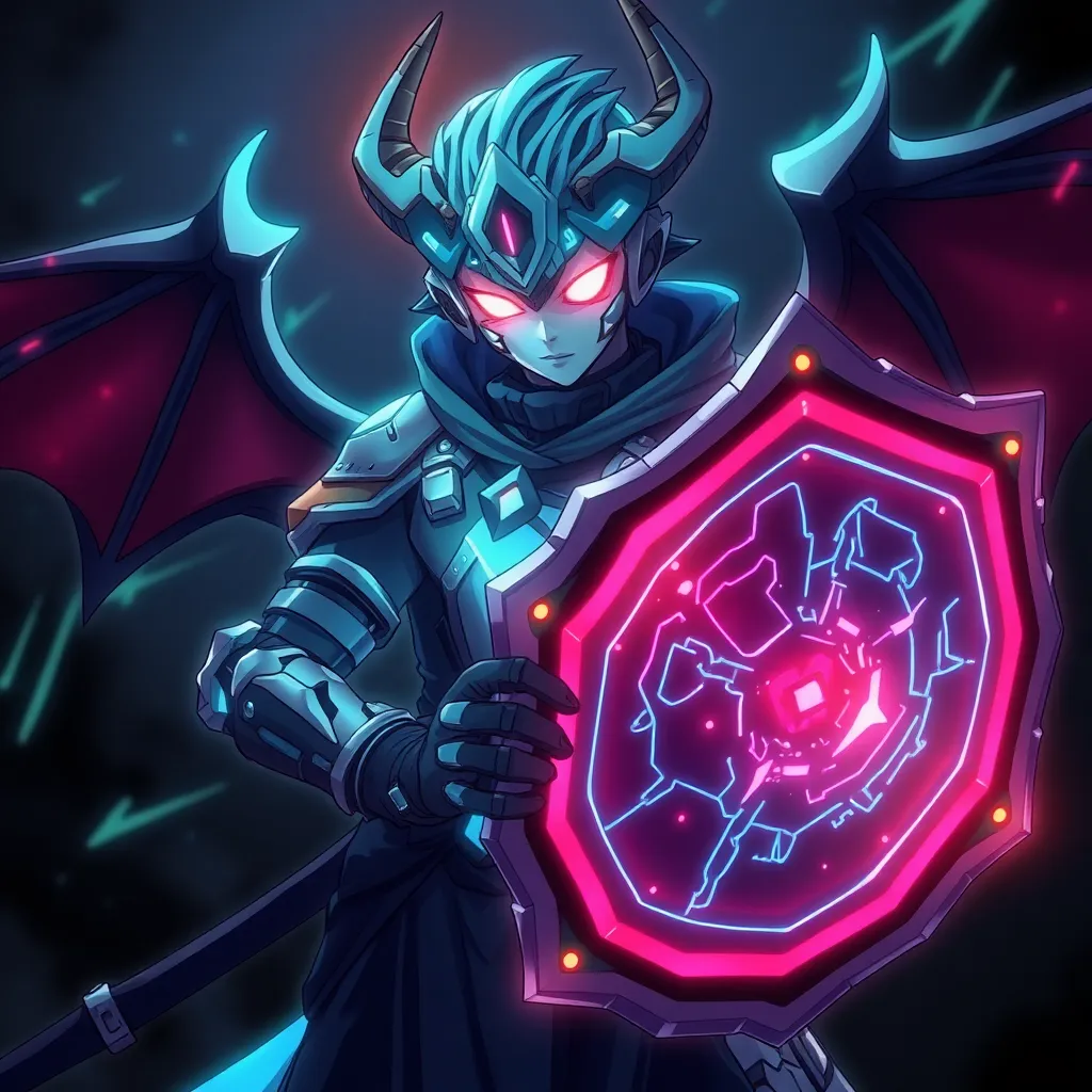 Demon Slayer anime character with glowing eyes and cybernetic enhancements holding a digital shield