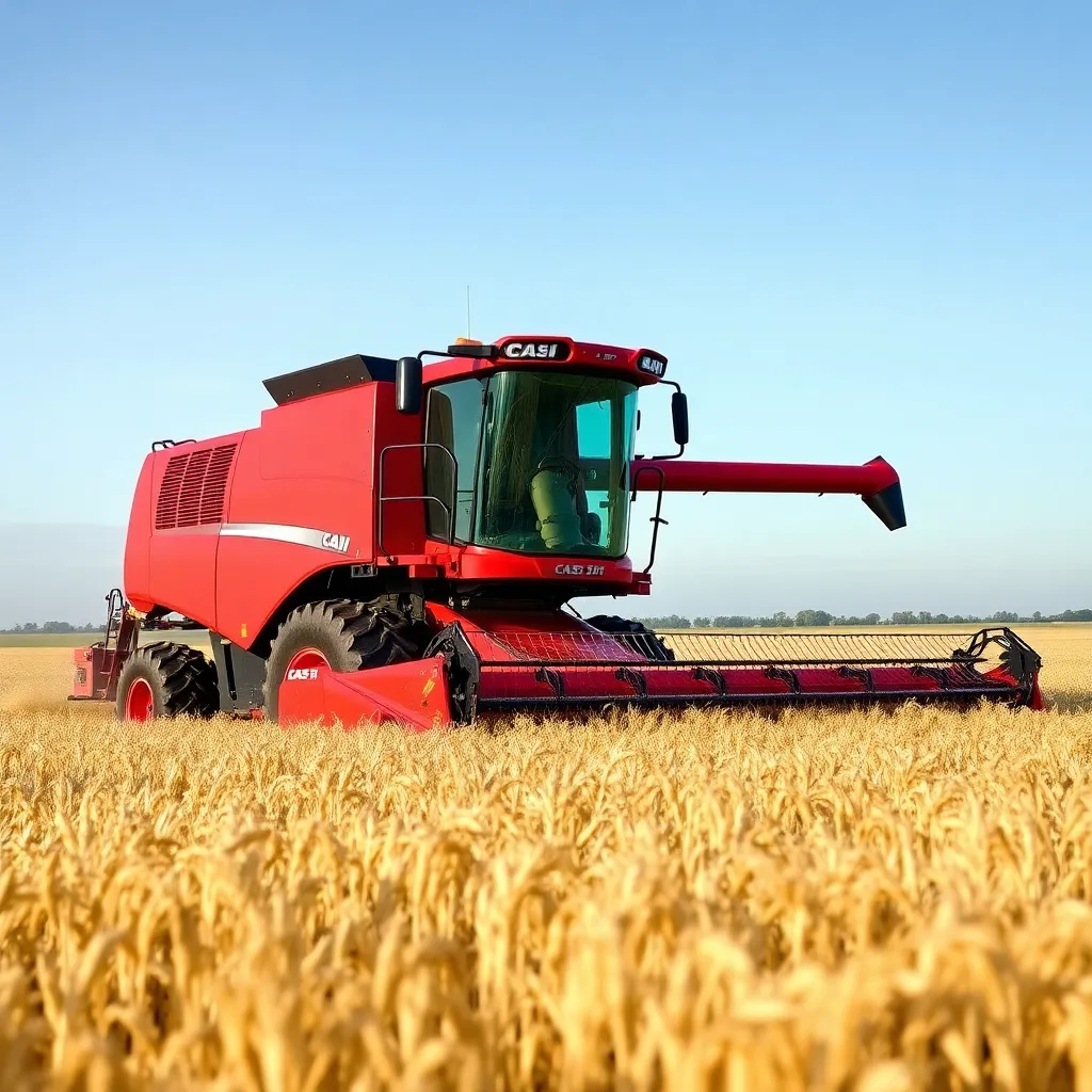 Case IH Axial-Flow Combine Harvester working in wheat field under clear sky