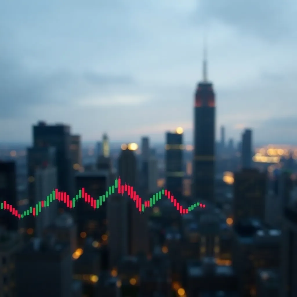 Blurred cityscape with trading charts and candlestick graphs in dark theme