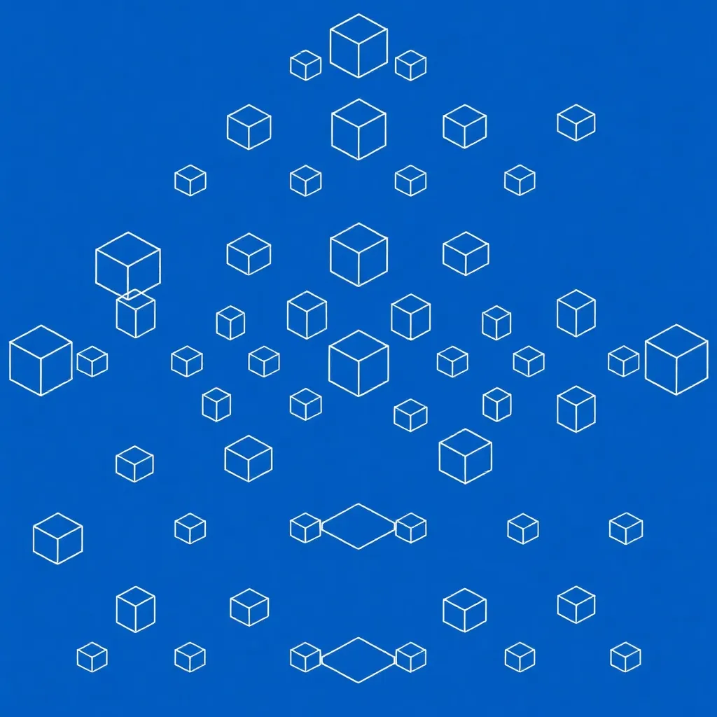 Blue background with white geometric line pattern of cubes and shapes