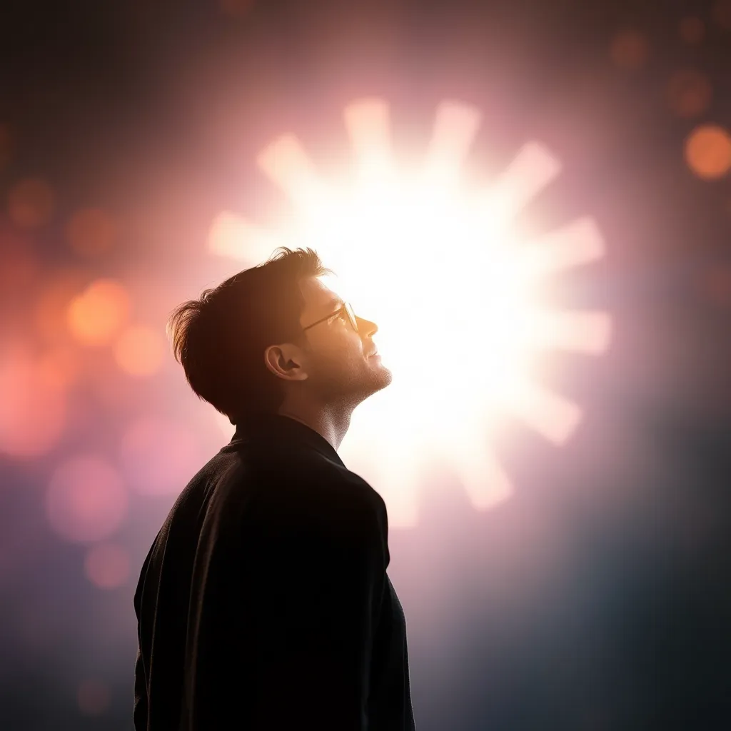 Vision concept image showing a person looking thoughtfully into the distance with a bright background