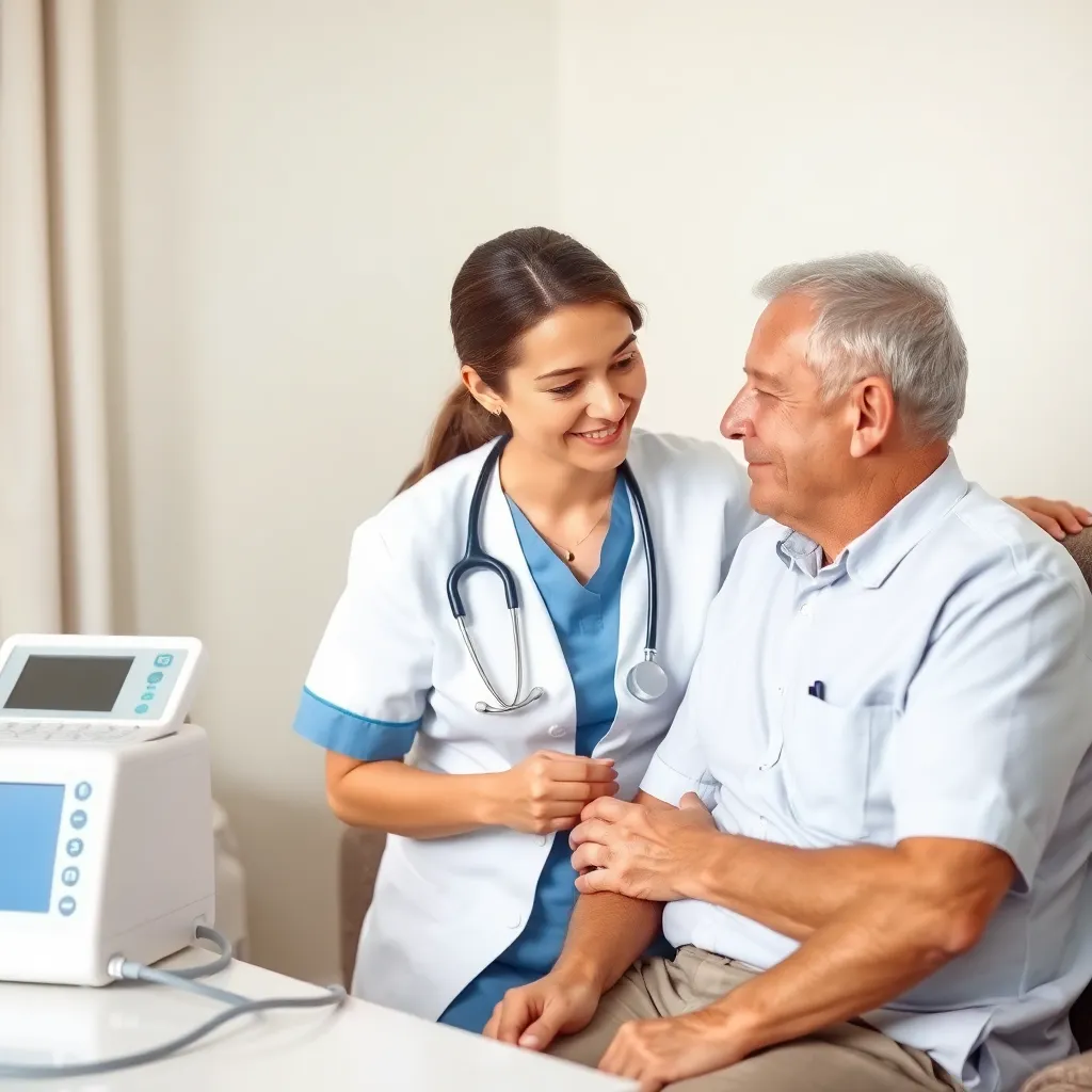 A qualified nurse in white uniform checking vitals of an elderly man at home, with medical equipment on a table nearby