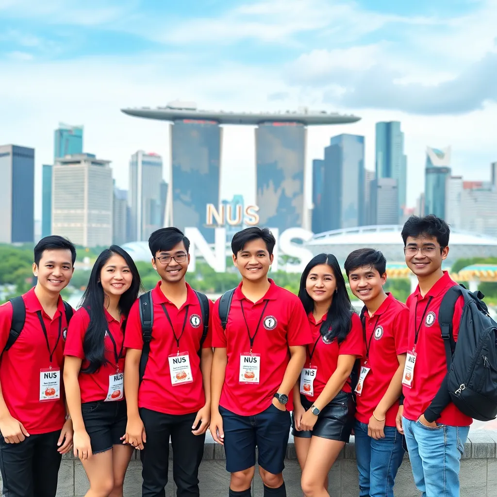 Group of students in red shirts with Singapore cityscape background and NUS sign