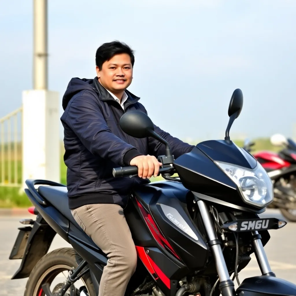 Foto pelanggan pria muda dengan jaket hitam, tersenyum di samping motor