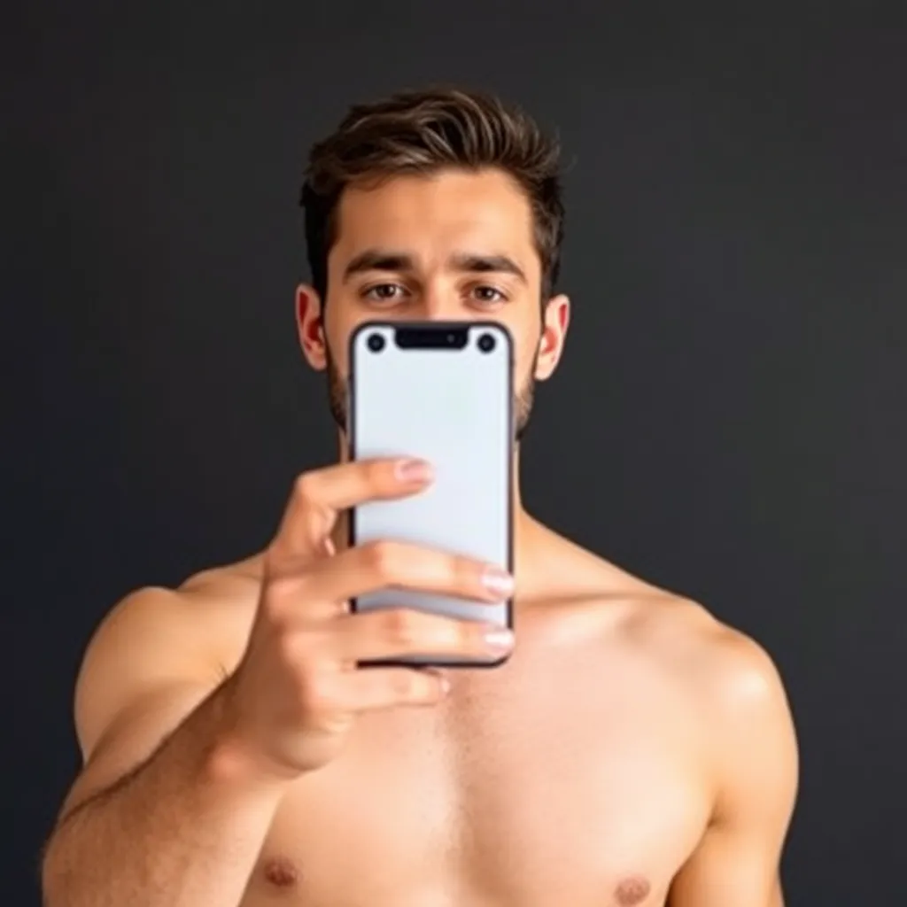 Man posing shirtless with phone app background