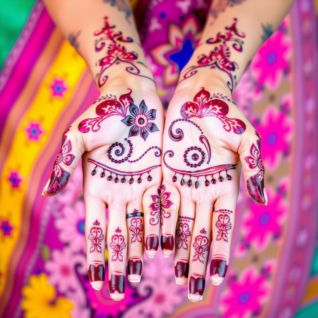 A person showing henna on their hands with a colorful background