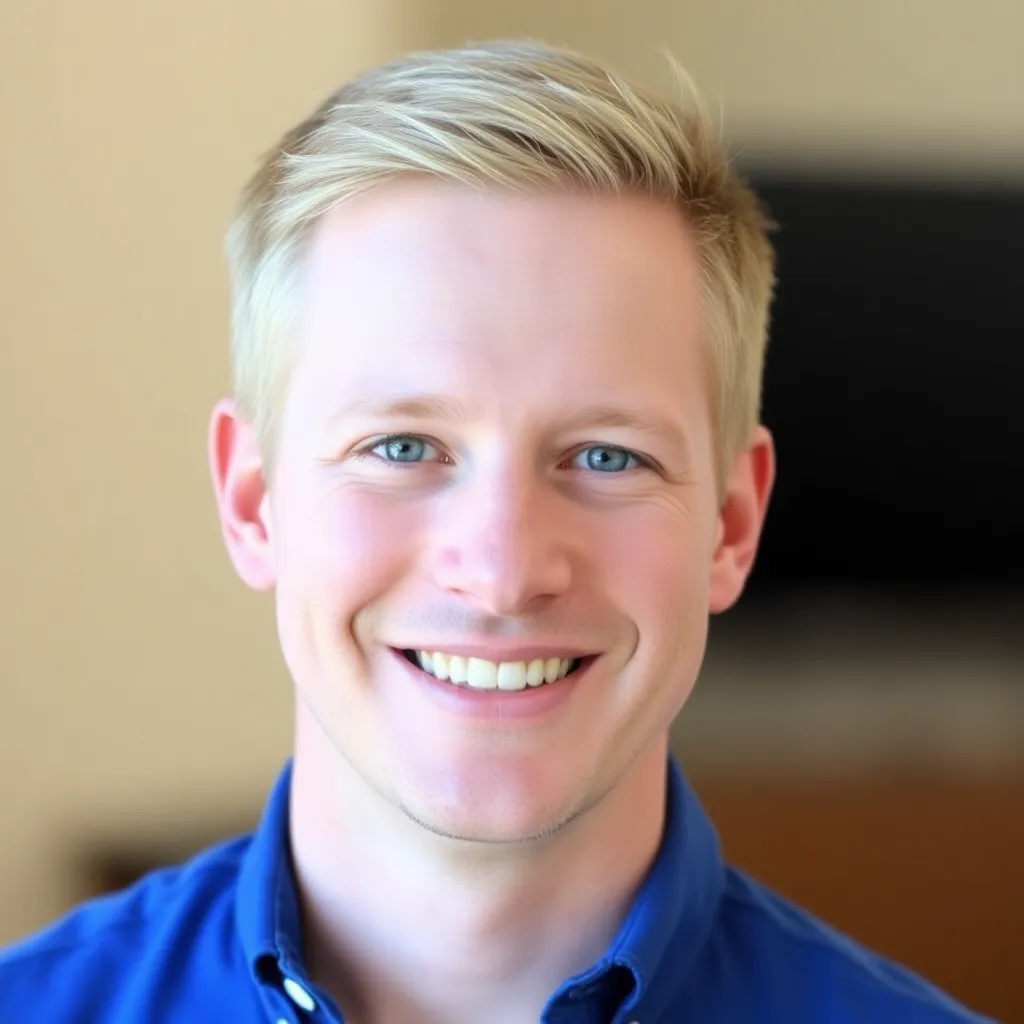 Portrait of Jason Scott, a man with short blonde hair and a friendly smile, wearing a blue shirt