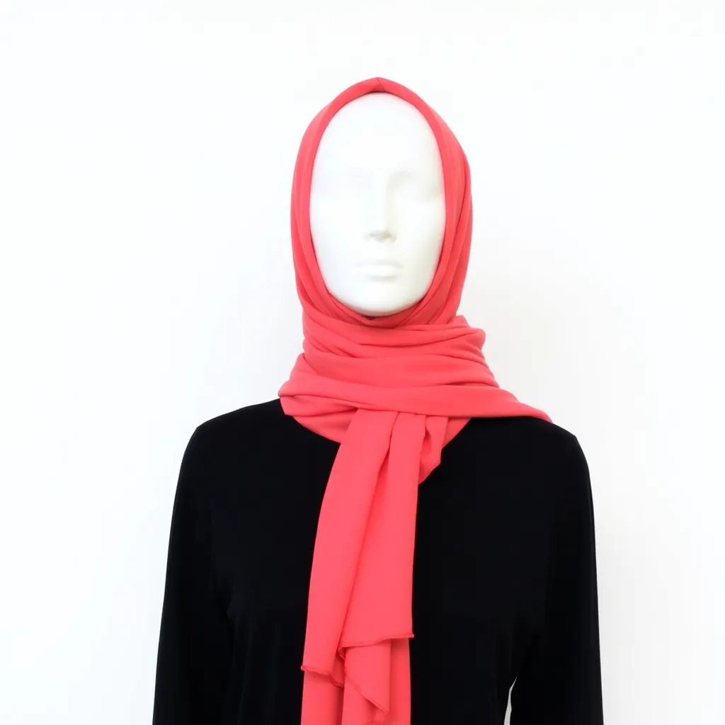 Hijab style recommendation with bright coral fabric wrapped stylishly on a mannequin