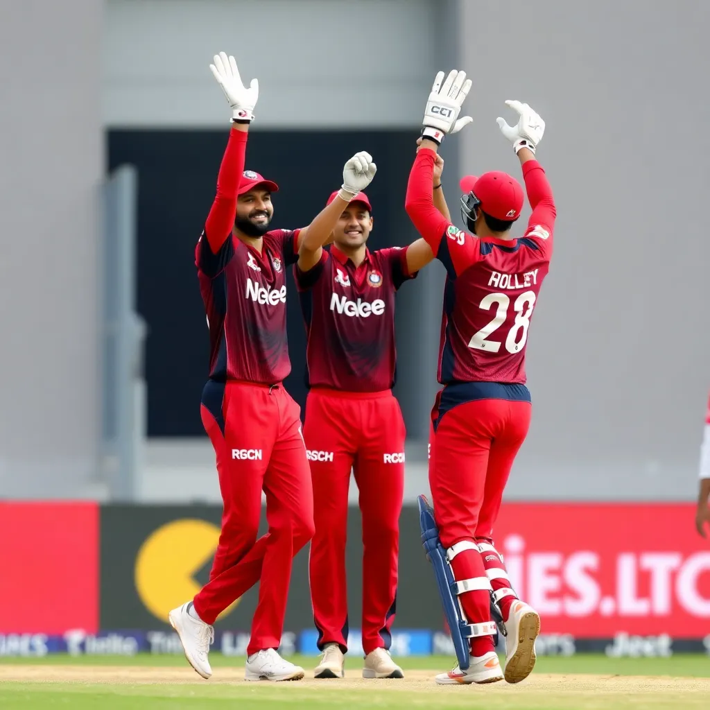 RCB batsmen celebrating a boundary with raised hands and smiles on the cricket field