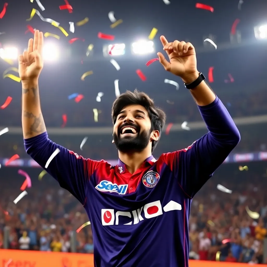 Kunal Singh Rathore celebrating after a successful play in IPL match, confetti falling and crowd cheering in stadium