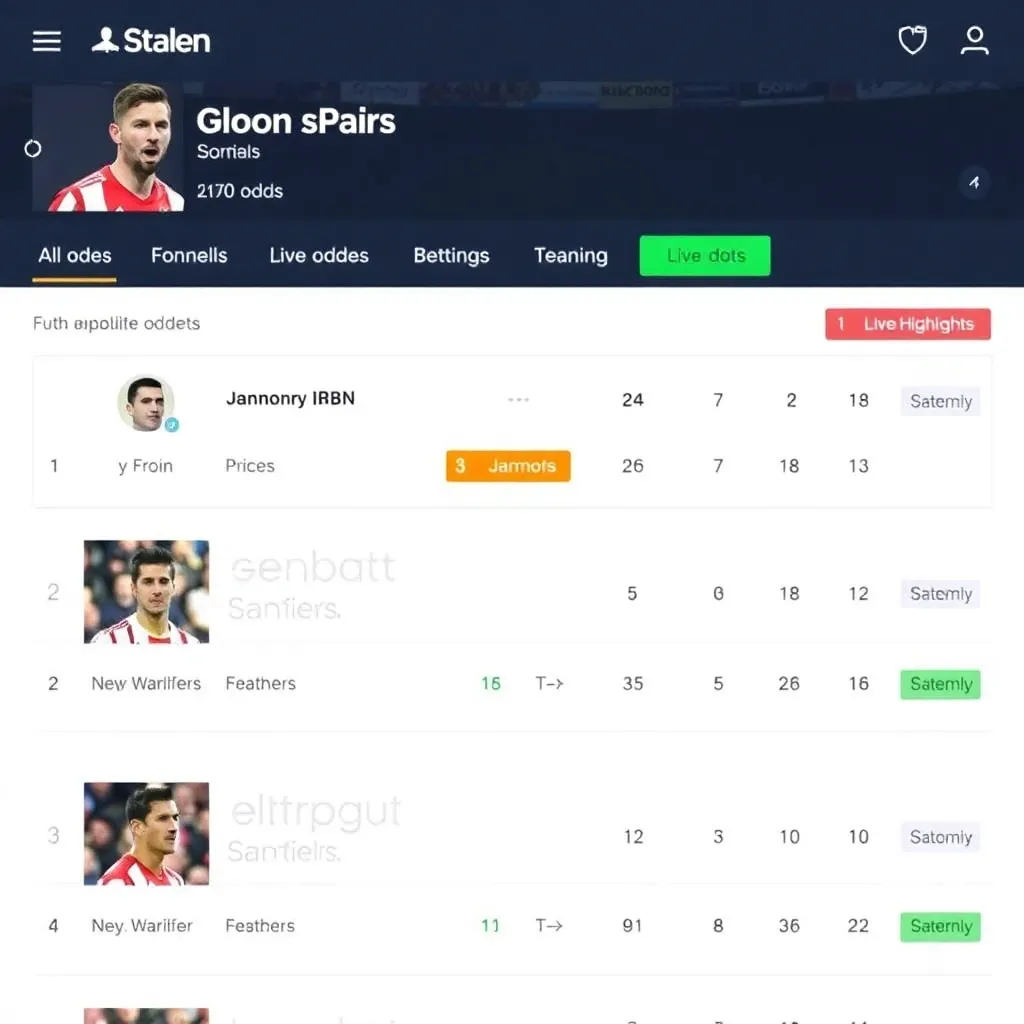 Sports betting interface showing live odds and match highlights