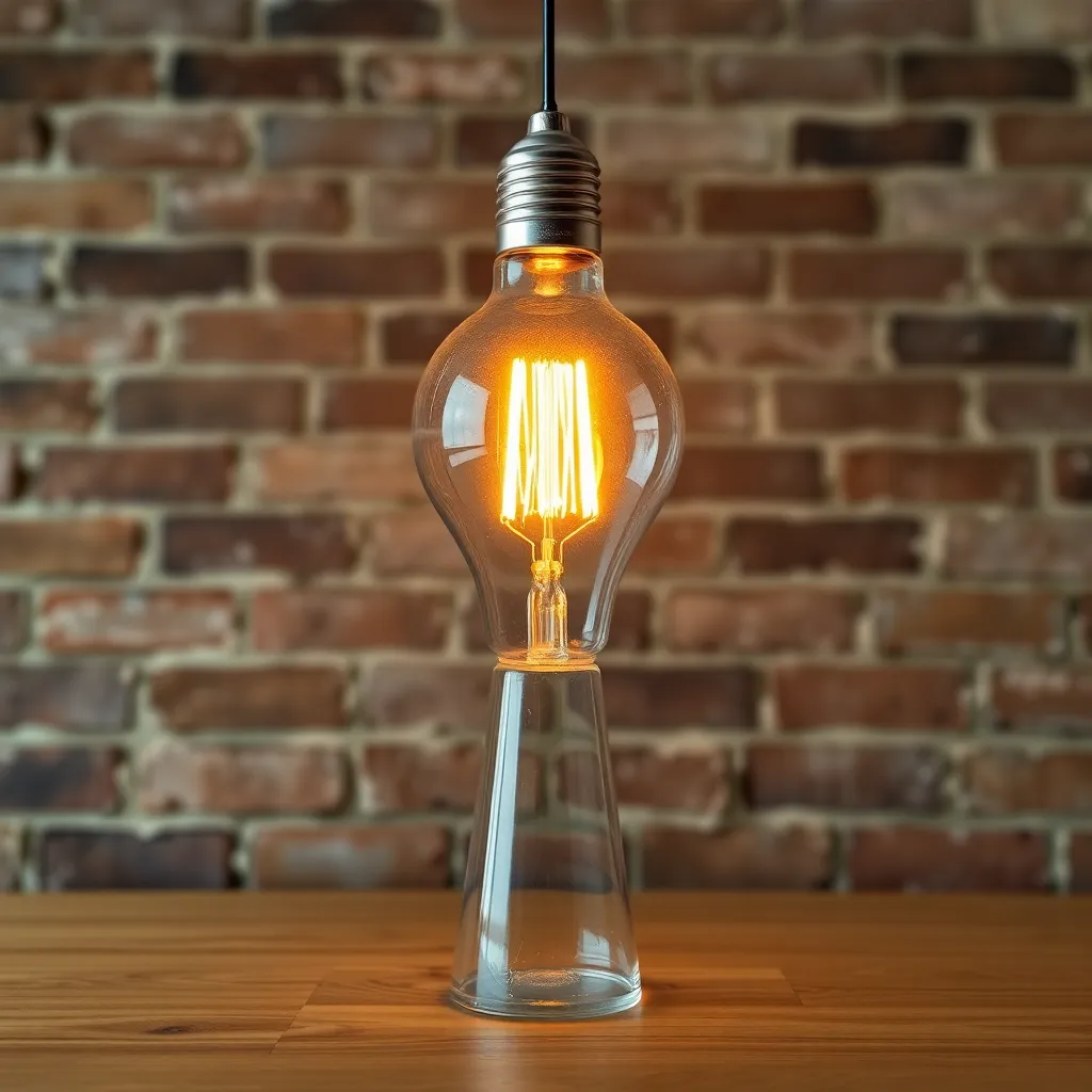Light bulb sculpture with glowing filament and brick wall background