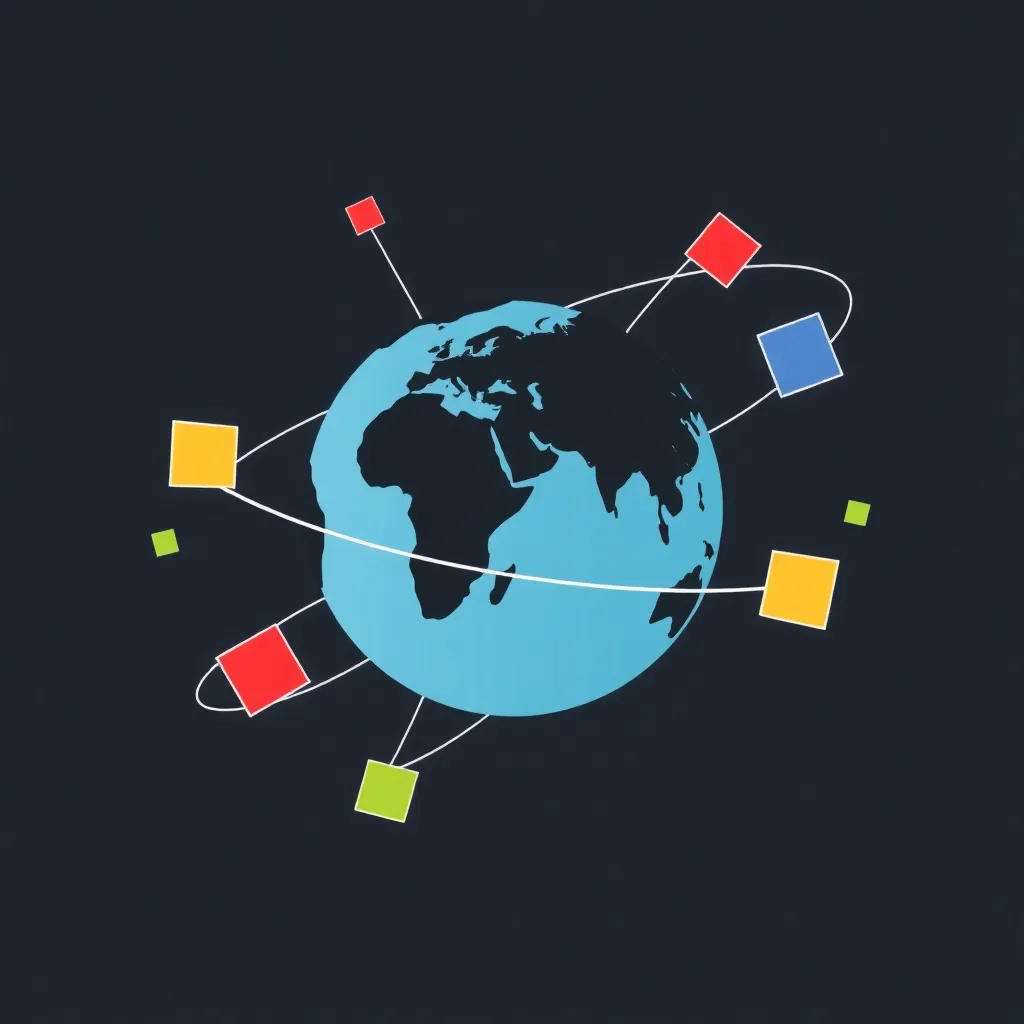 Illustration of a globe with orbiting lines and colorful squares around it