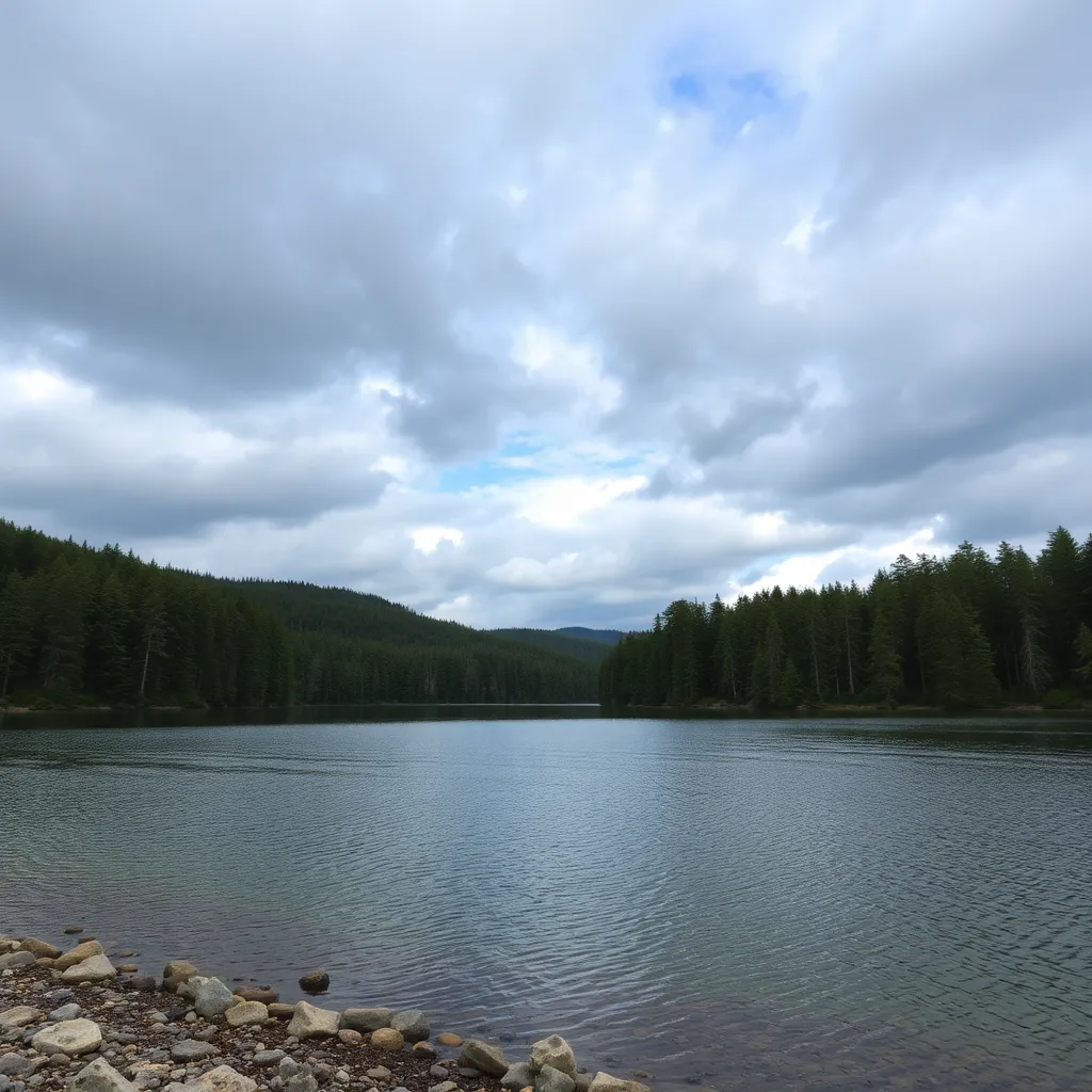 Lake and forest landscape with cloudy sky and rocky shore