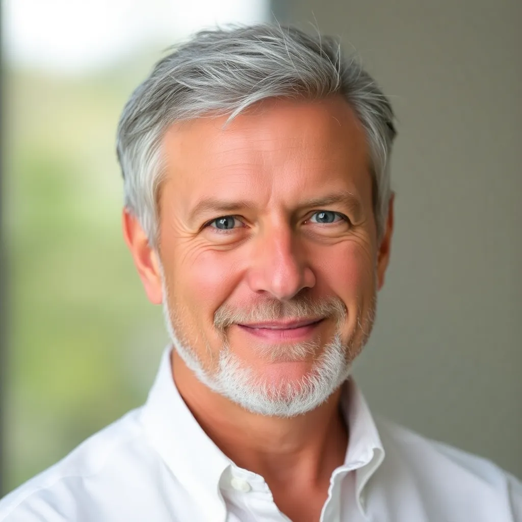 Portrait of Bob Williams, a middle-aged man with short gray hair and a beard, wearing a white shirt
