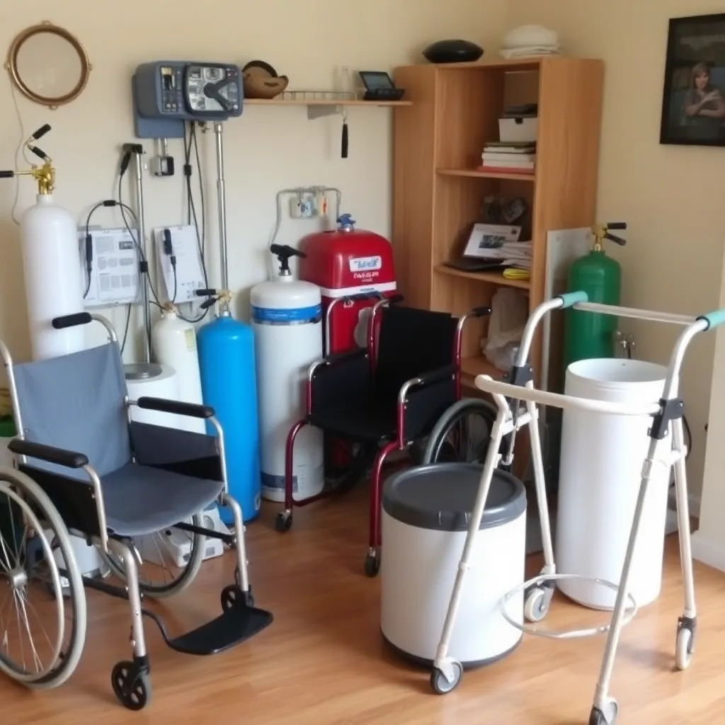 Medical equipment at home for rent or purchase, various medical devices like wheelchairs, oxygen tanks, and walkers arranged neatly in a home setting