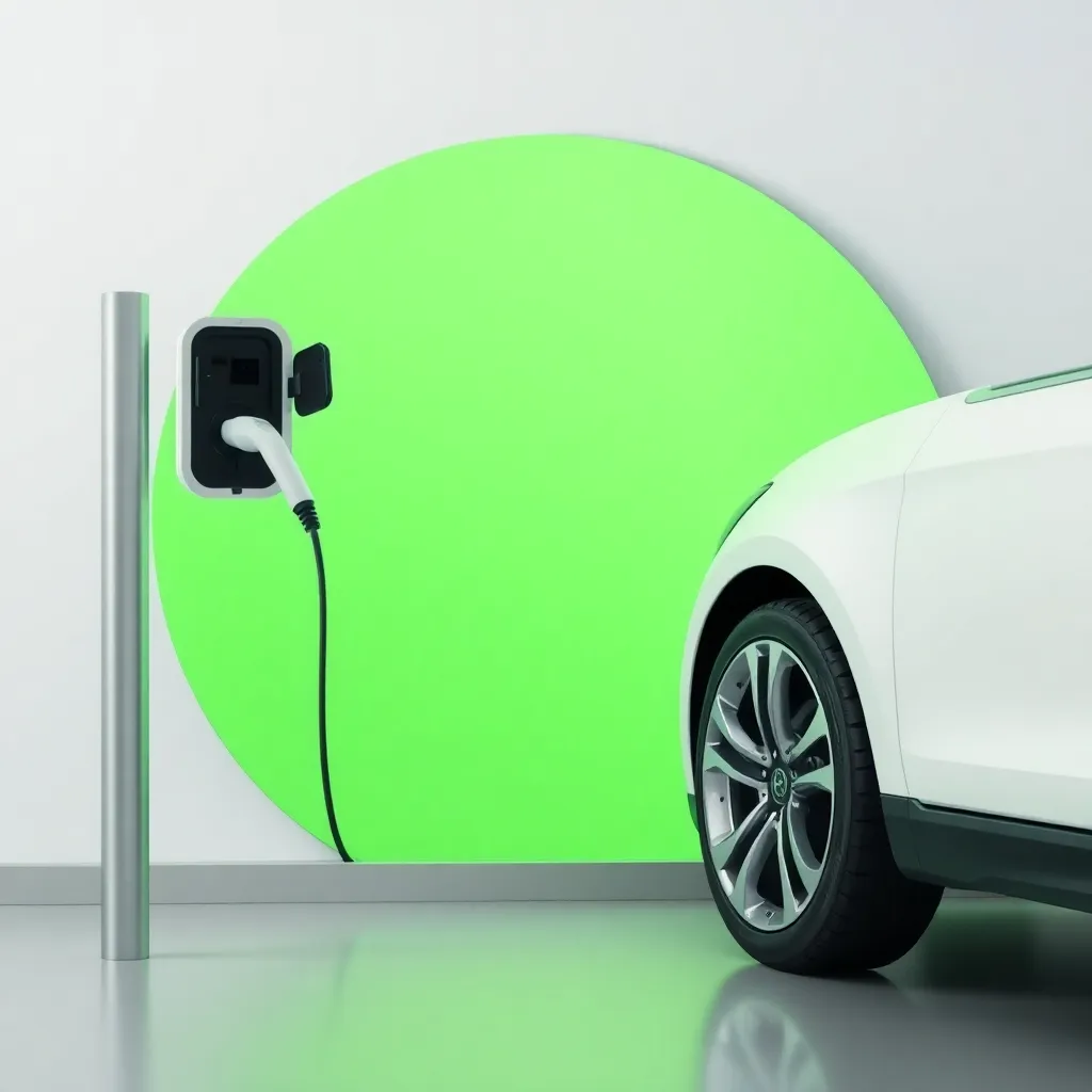 White electric car charging with green circular background