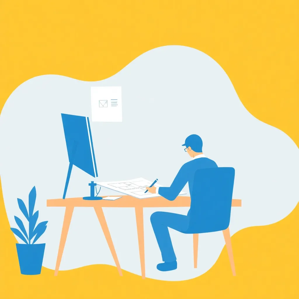 Illustration of a designer sitting at a desk drawing a blueprint