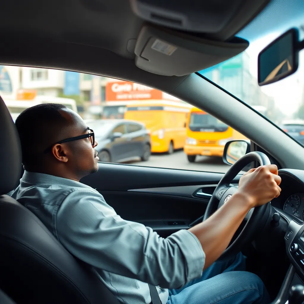 A Nigerian driver safely driving a car through a busy city street