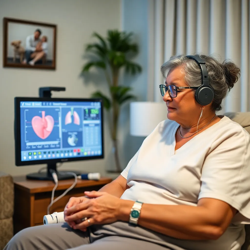 Home nurse monitoring heart and lung transplant patient with medical devices in a calm home environment