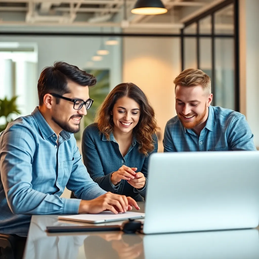 Team collaborating on digital marketing and software development project in modern office